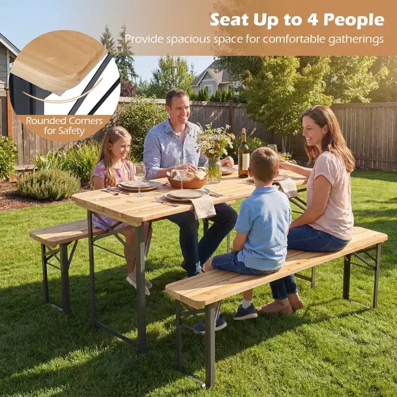 Mesa de picnic plegable de 3 piezas Gymax con bancos, asientos y estructura de metal para jardín y patio