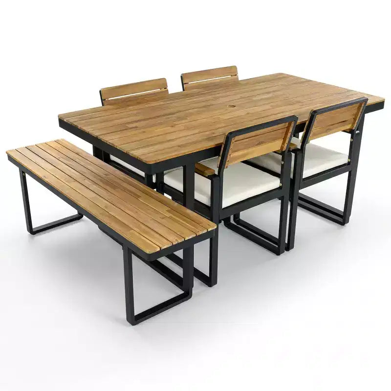 Whisen 6-delige houten buiteneetset voor 6-7 personen, eet- en zitset voor terras en tuin, 1 rechthoekige tafel & 1 bank & 4 stoelen met kussens