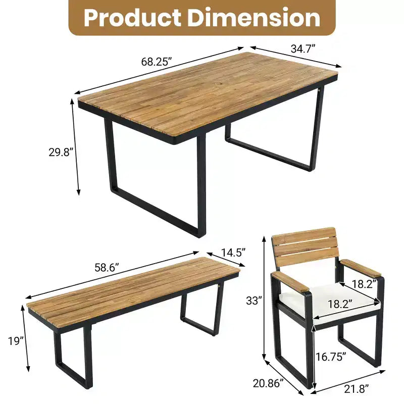 Whisen 6-delige houten buiteneetset voor 6-7 personen, eet- en zitset voor terras en tuin, 1 rechthoekige tafel & 1 bank & 4 stoelen met kussens