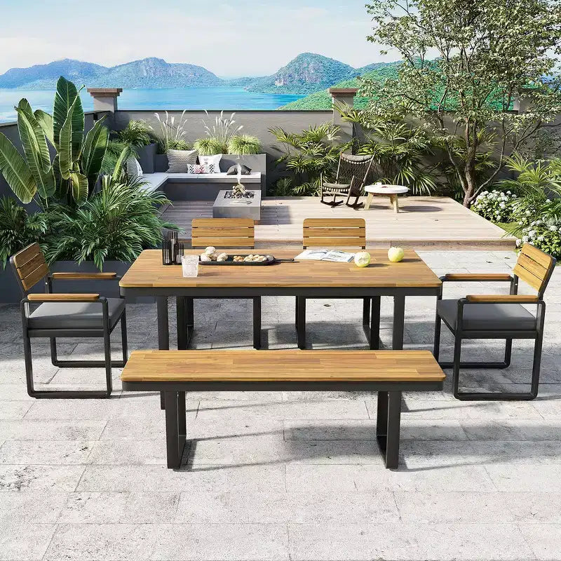 Whisen 6-delige houten buiteneetset voor 6-7 personen, eet- en zitset voor terras en tuin, 1 rechthoekige tafel & 1 bank & 4 stoelen met kussens