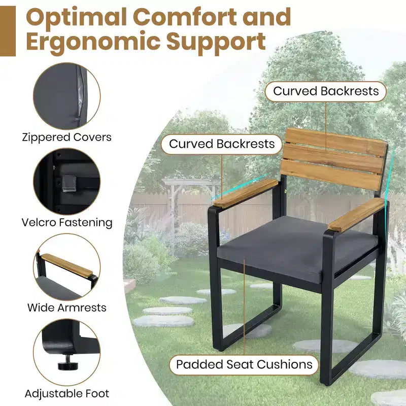 Whisen 6-delige houten buiteneetset voor 6-7 personen, eet- en zitset voor terras en tuin, 1 rechthoekige tafel & 1 bank & 4 stoelen met kussens