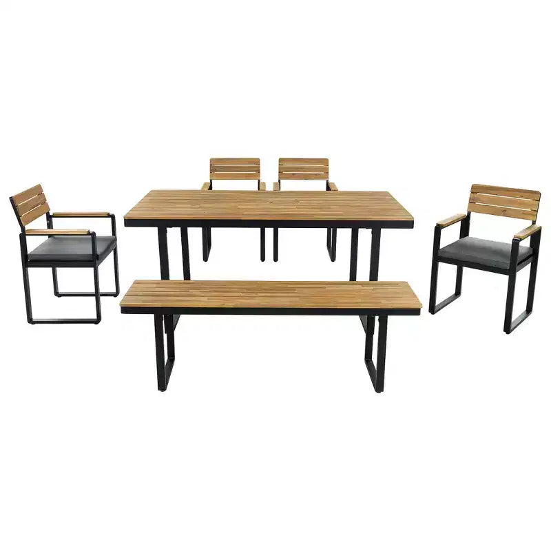 Whisen 6-delige houten buiteneetset voor 6-7 personen, eet- en zitset voor terras en tuin, 1 rechthoekige tafel & 1 bank & 4 stoelen met kussens