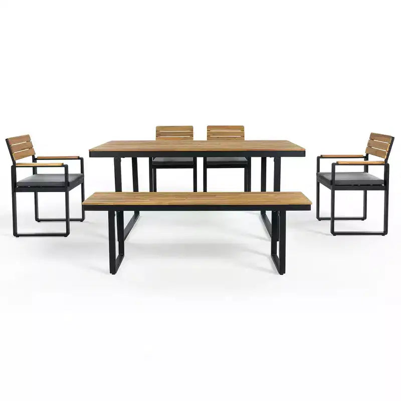 Whisen 6-delige houten buiteneetset voor 6-7 personen, eet- en zitset voor terras en tuin, 1 rechthoekige tafel & 1 bank & 4 stoelen met kussens