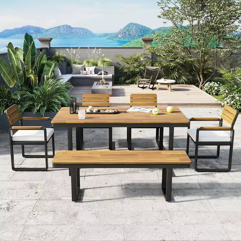 Whisen 6-delige houten buiteneetset voor 6-7 personen, eet- en zitset voor terras en tuin, 1 rechthoekige tafel & 1 bank & 4 stoelen met kussens
