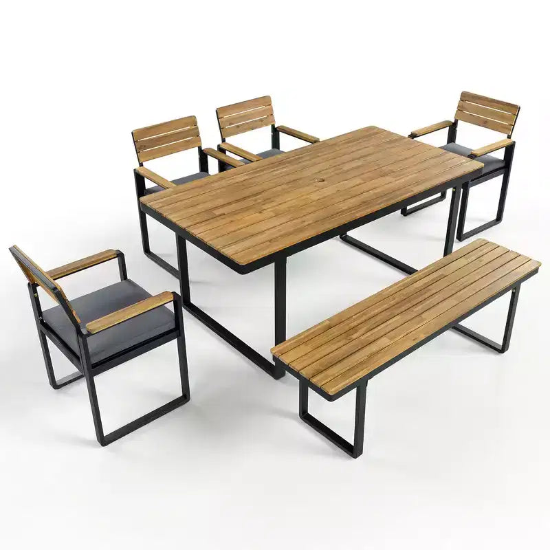 Whisen 6-delige houten buiteneetset voor 6-7 personen, eet- en zitset voor terras en tuin, 1 rechthoekige tafel & 1 bank & 4 stoelen met kussens