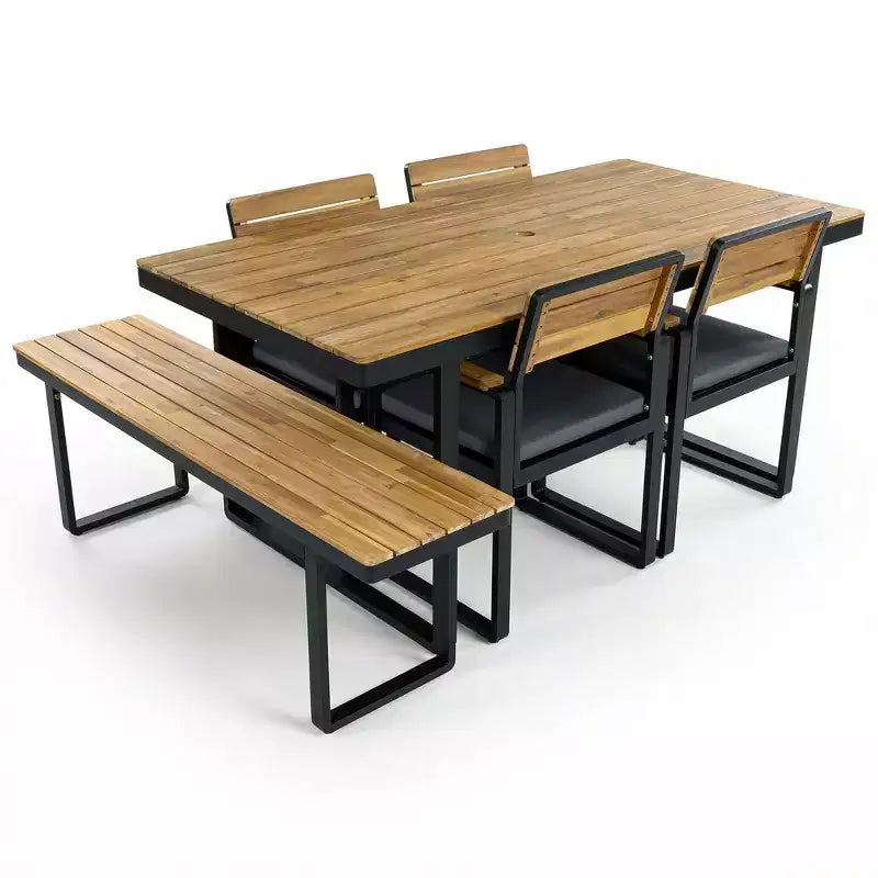 Whisen 6-delige houten buiteneetset voor 6-7 personen, eet- en zitset voor terras en tuin, 1 rechthoekige tafel & 1 bank & 4 stoelen met kussens