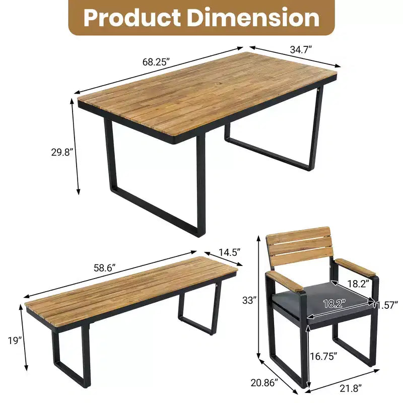 Whisen 6-delige houten buiteneetset voor 6-7 personen, eet- en zitset voor terras en tuin, 1 rechthoekige tafel & 1 bank & 4 stoelen met kussens