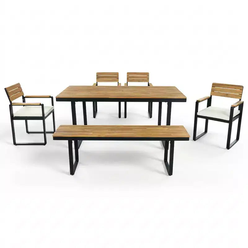 Whisen 6-delige houten buiteneetset voor 6-7 personen, eet- en zitset voor terras en tuin, 1 rechthoekige tafel & 1 bank & 4 stoelen met kussens