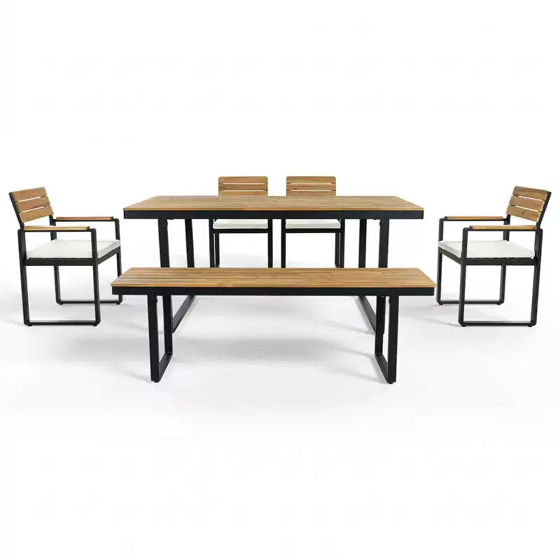 Whisen 6-delige houten buiteneetset voor 6-7 personen, eet- en zitset voor terras en tuin, 1 rechthoekige tafel & 1 bank & 4 stoelen met kussens
