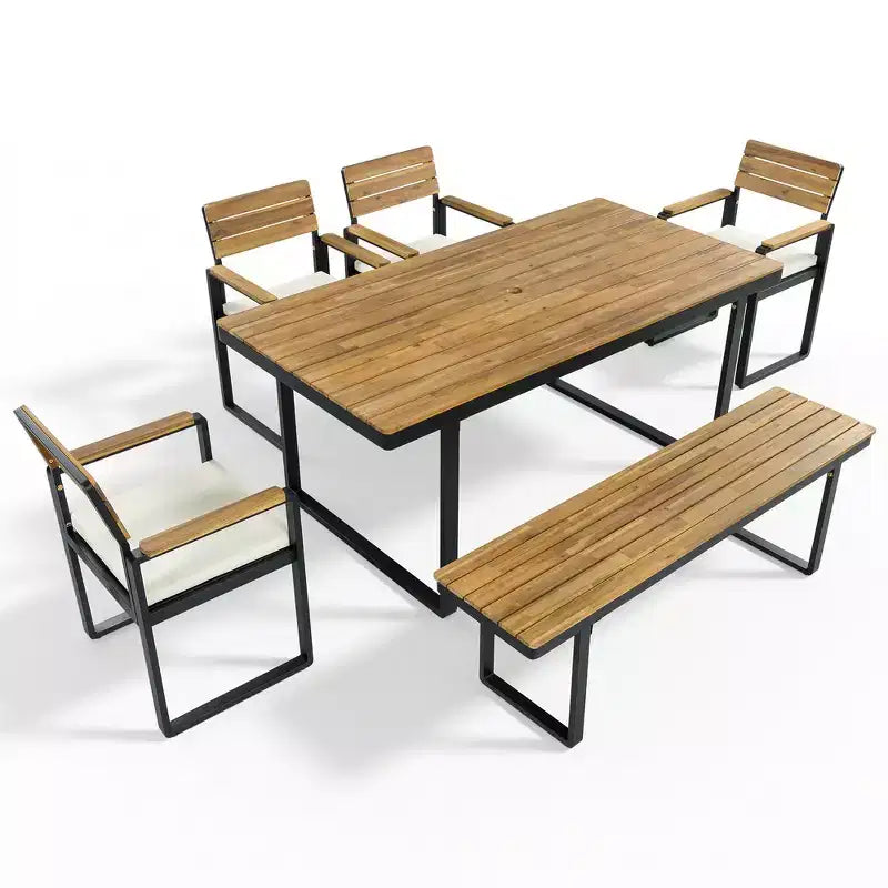 Whisen 6-delige houten buiteneetset voor 6-7 personen, eet- en zitset voor terras en tuin, 1 rechthoekige tafel & 1 bank & 4 stoelen met kussens