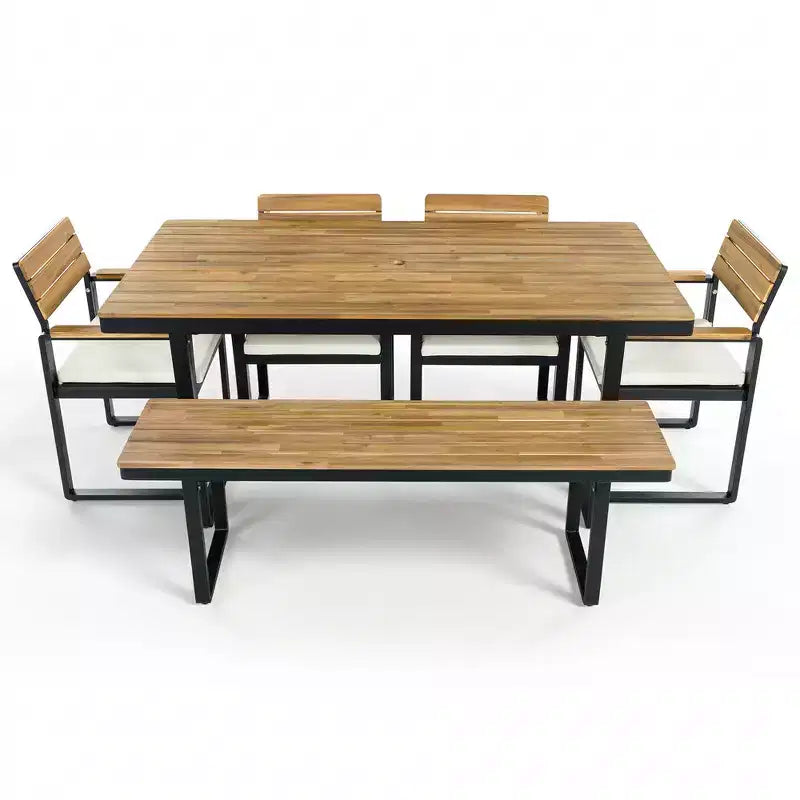 Whisen 6-delige houten buiteneetset voor 6-7 personen, eet- en zitset voor terras en tuin, 1 rechthoekige tafel & 1 bank & 4 stoelen met kussens