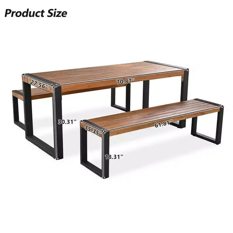 Set da pranzo Wesley per patio in legno di acacia e acciaio con tavolo e 2 panche - GDFStudio