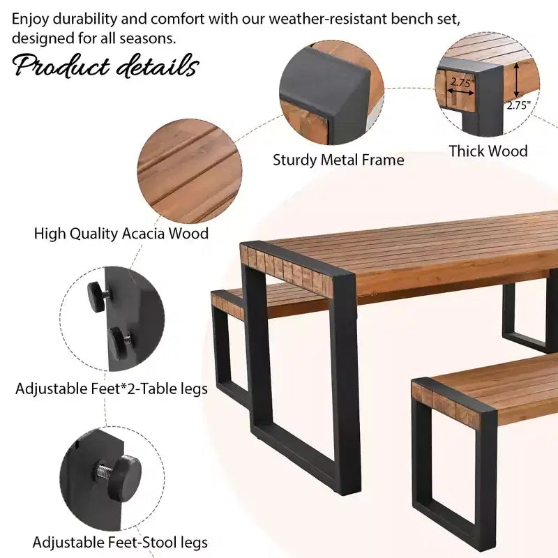 Set da pranzo Wesley per patio in legno di acacia e acciaio con tavolo e 2 panche - GDFStudio