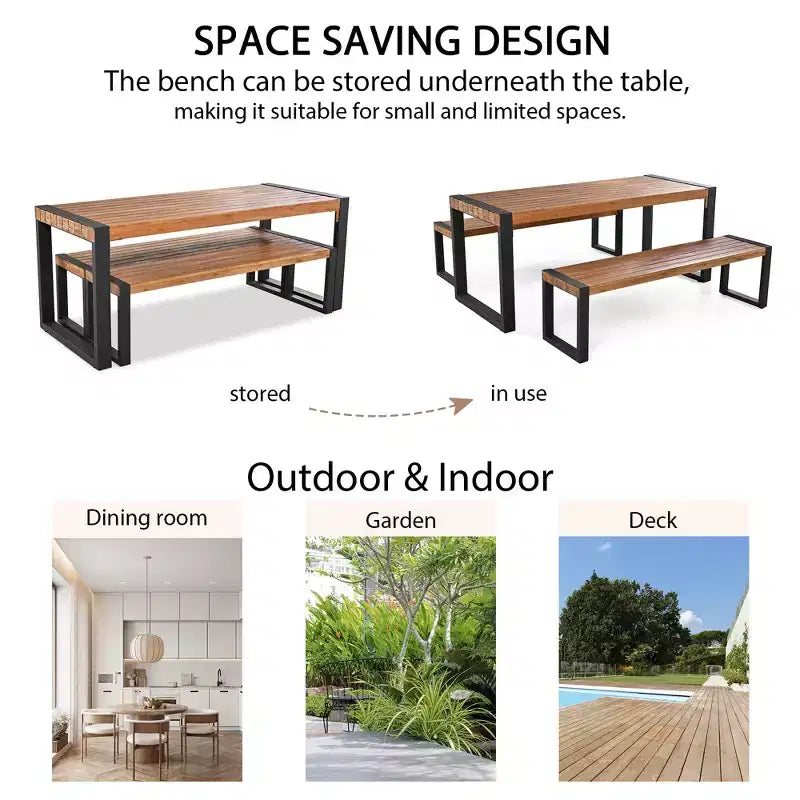 Set da pranzo Wesley per patio in legno di acacia e acciaio con tavolo e 2 panche - GDFStudio