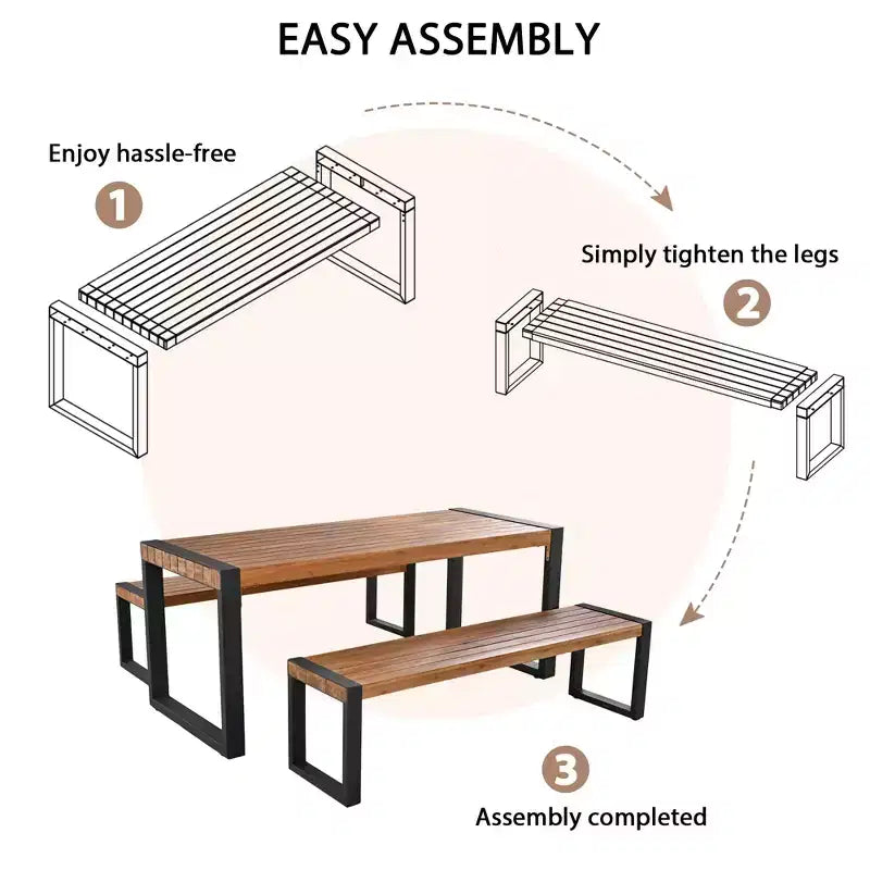Set da pranzo Wesley per patio in legno di acacia e acciaio con tavolo e 2 panche - GDFStudio