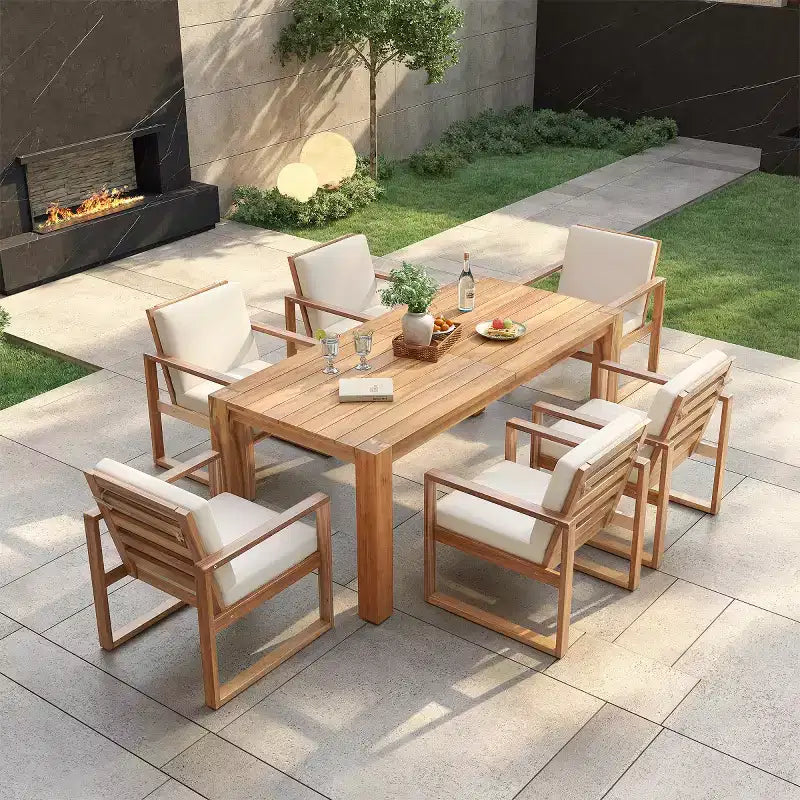 Set da pranzo da esterni da 7 pezzi per 6 persone con foro per ombrellone, set da tavolo e sedie da patio in legno con cuscini rimovibili per giardino o patio-Panipeachy