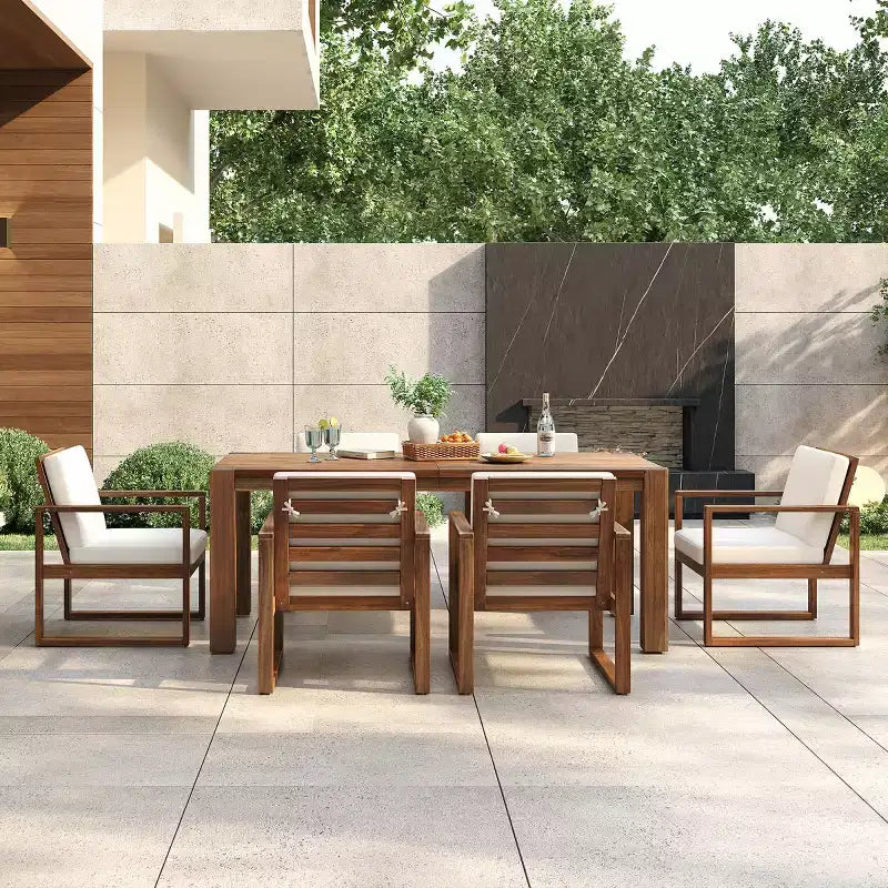 Set da pranzo da esterni da 7 pezzi per 6 persone con foro per ombrellone, set da tavolo e sedie da patio in legno con cuscini rimovibili per giardino o patio-Panipeachy