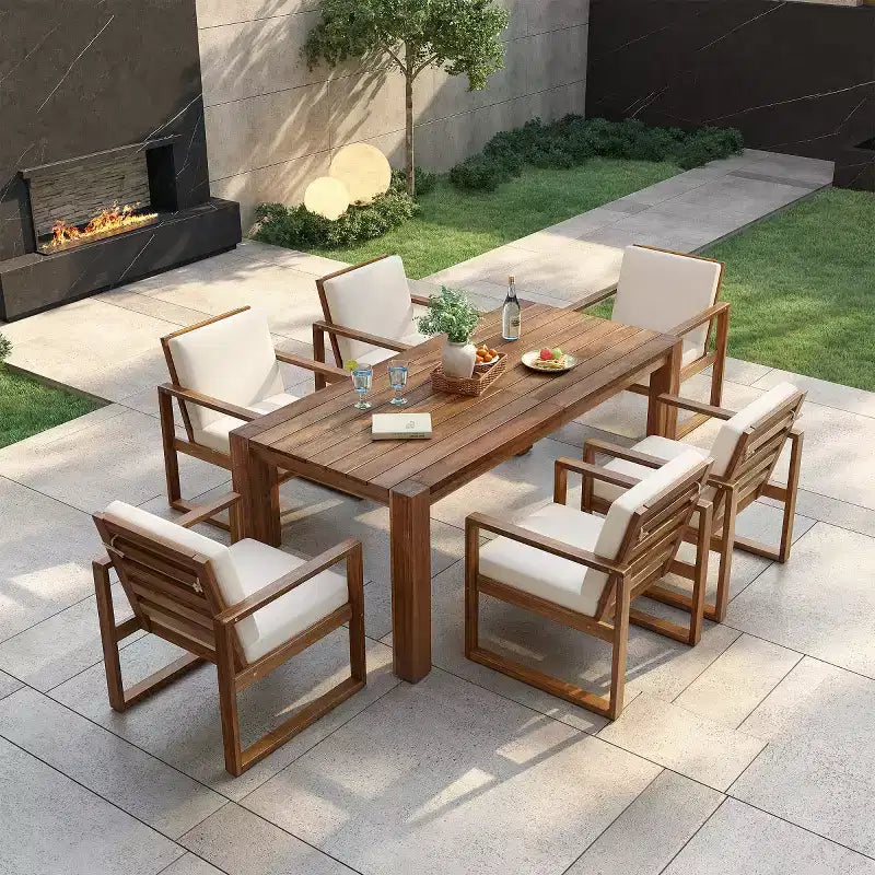 Set da pranzo da esterni da 7 pezzi per 6 persone con foro per ombrellone, set da tavolo e sedie da patio in legno con cuscini rimovibili per giardino o patio-Panipeachy