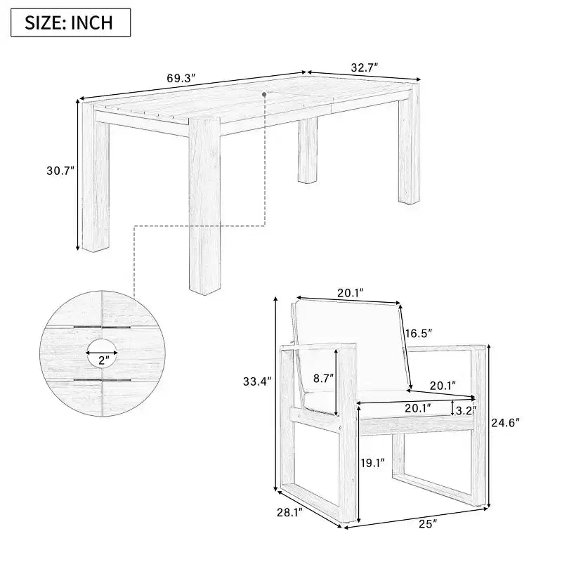Set da pranzo da esterni da 7 pezzi per 6 persone con foro per ombrellone, set da tavolo e sedie da patio in legno con cuscini rimovibili per giardino o patio-Panipeachy