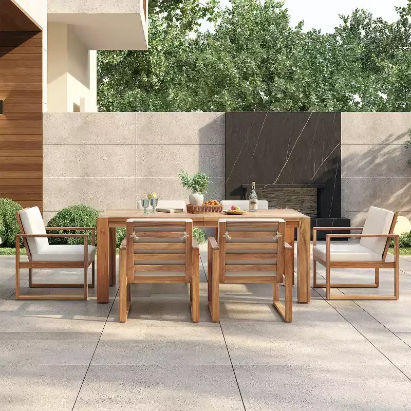 Set da pranzo da esterni da 7 pezzi per 6 persone con foro per ombrellone, set da tavolo e sedie da patio in legno con cuscini rimovibili per giardino o patio-Panipeachy
