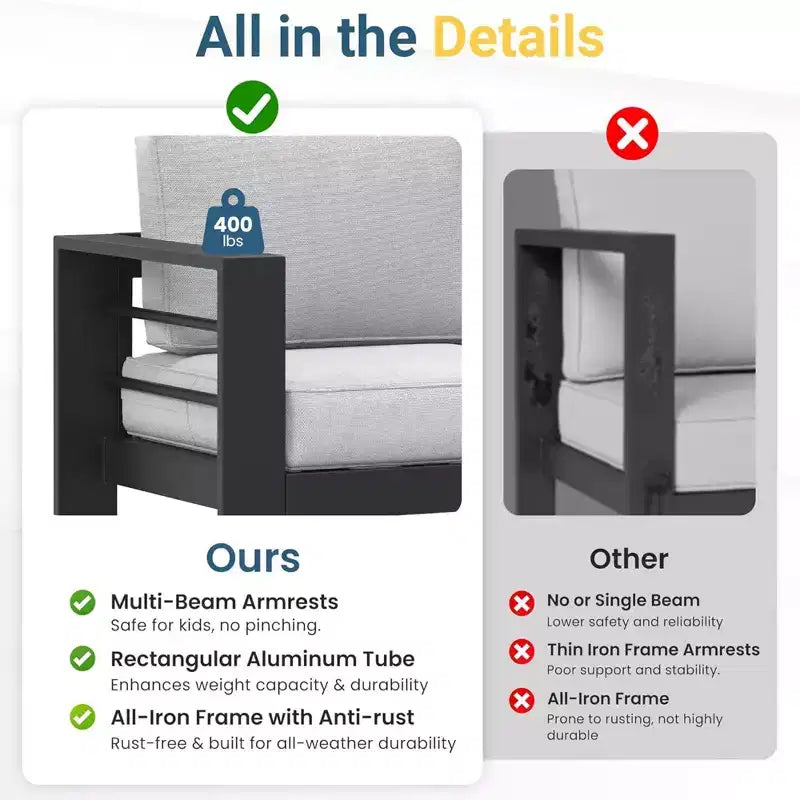 2-delige terrasmeubelset voor buiten, weerbestendige metalen loungebank van 75 inch voor 3 personen met dikke kussens en salontafel van 43 inch