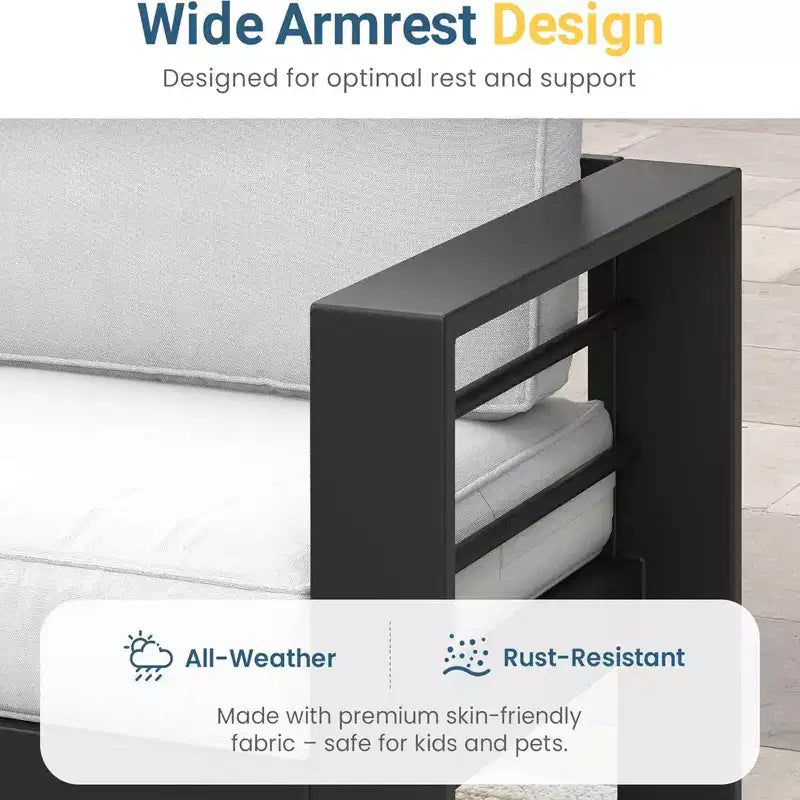 2-delige terrasmeubelset voor buiten, weerbestendige metalen loungebank van 75 inch voor 3 personen met dikke kussens en salontafel van 43 inch