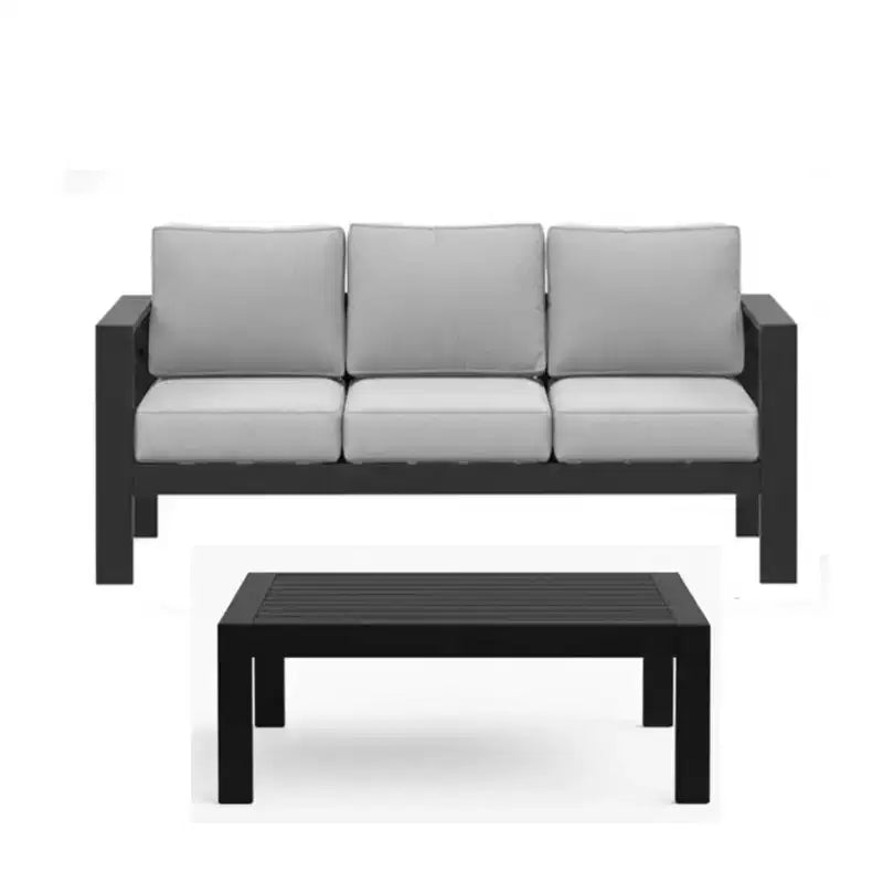 2-delige terrasmeubelset voor buiten, weerbestendige metalen loungebank van 75 inch voor 3 personen met dikke kussens en salontafel van 43 inch