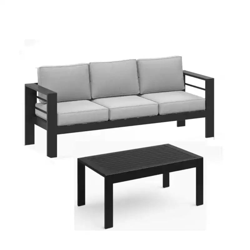 2-delige terrasmeubelset voor buiten, weerbestendige metalen loungebank van 75 inch voor 3 personen met dikke kussens en salontafel van 43 inch