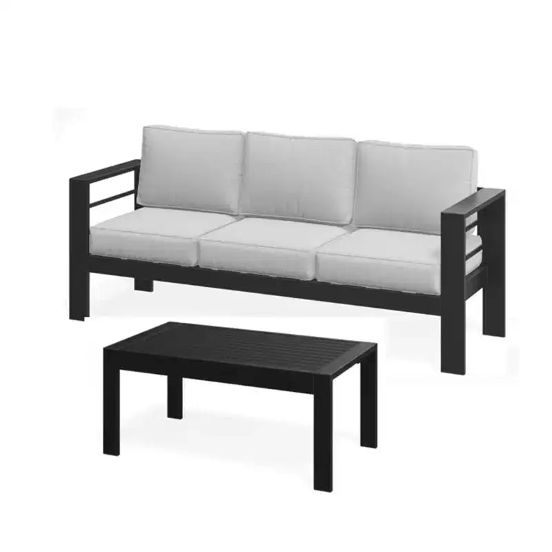 2-delige terrasmeubelset voor buiten, weerbestendige metalen loungebank van 75 inch voor 3 personen met dikke kussens en salontafel van 43 inch