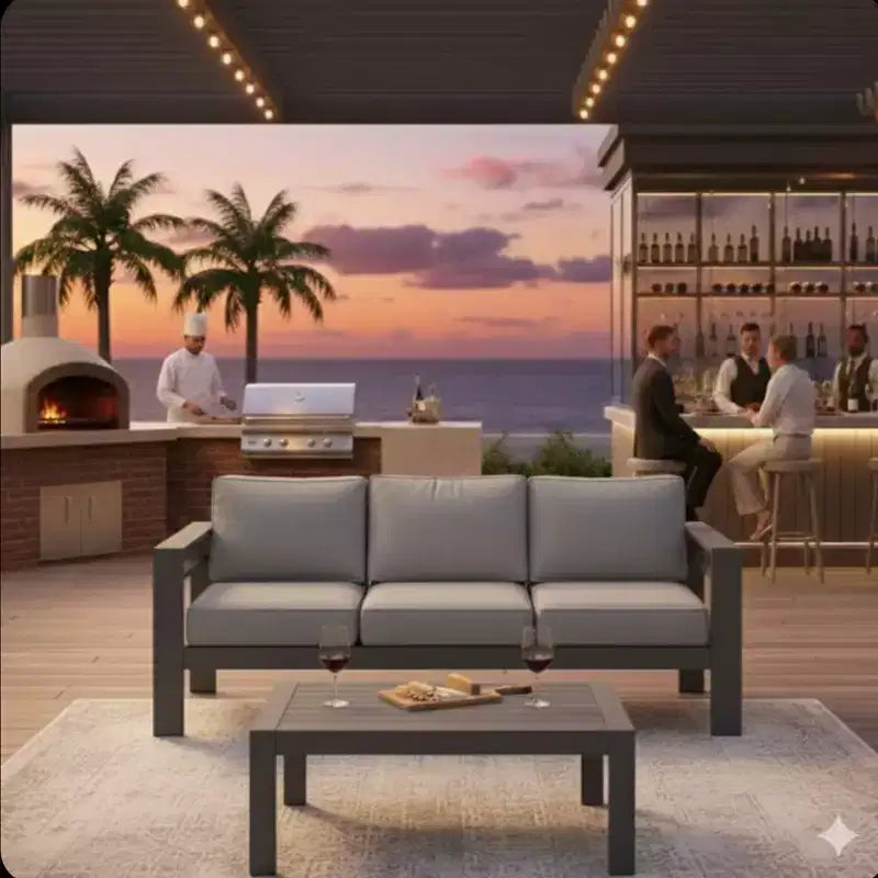 2-delige terrasmeubelset voor buiten, weerbestendige metalen loungebank van 75 inch voor 3 personen met dikke kussens en salontafel van 43 inch