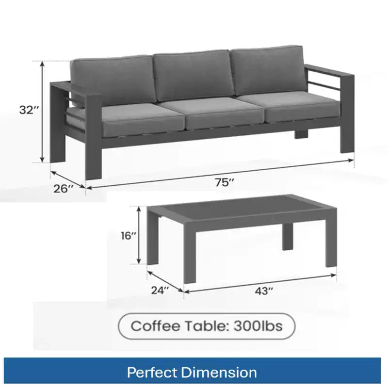 2-delige terrasmeubelset voor buiten, weerbestendige metalen loungebank van 75 inch voor 3 personen met dikke kussens en salontafel van 43 inch