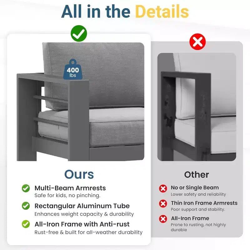 2-delige terrasmeubelset voor buiten, weerbestendige metalen loungebank van 75 inch voor 3 personen met dikke kussens en salontafel van 43 inch