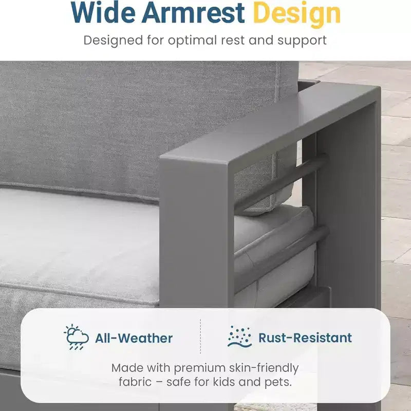 2-delige terrasmeubelset voor buiten, weerbestendige metalen loungebank van 75 inch voor 3 personen met dikke kussens en salontafel van 43 inch