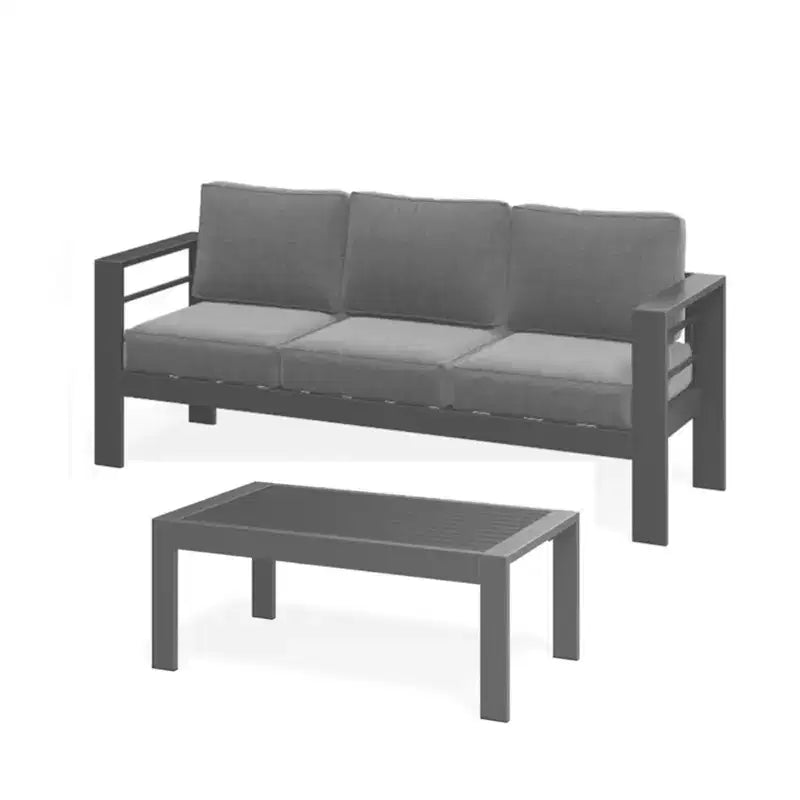 2-delige terrasmeubelset voor buiten, weerbestendige metalen loungebank van 75 inch voor 3 personen met dikke kussens en salontafel van 43 inch