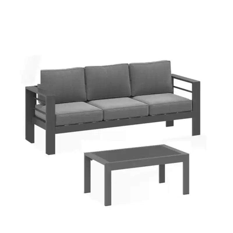 2-delige terrasmeubelset voor buiten, weerbestendige metalen loungebank van 75 inch voor 3 personen met dikke kussens en salontafel van 43 inch