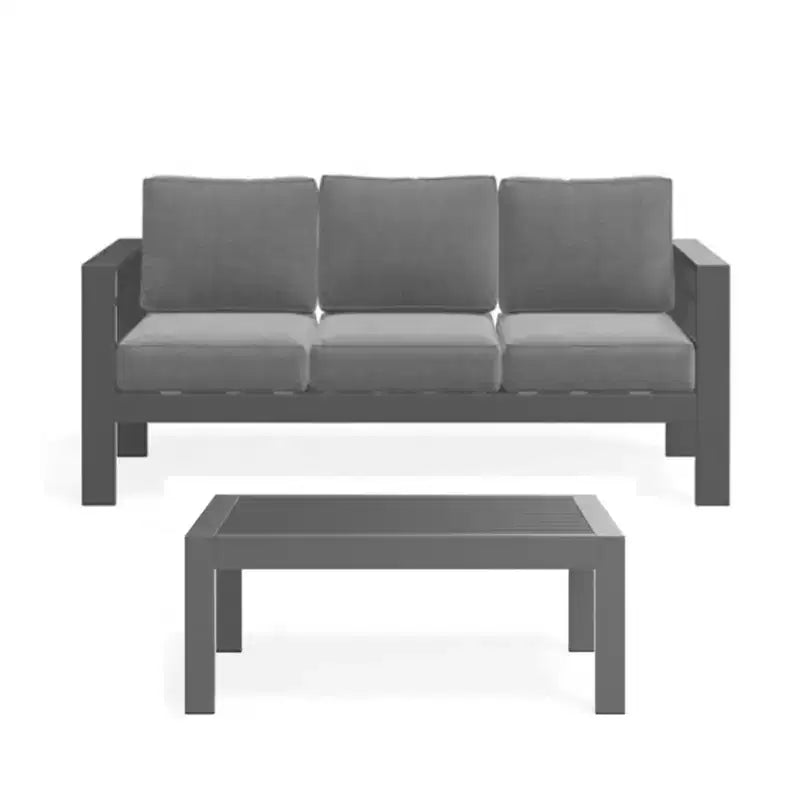 2-delige terrasmeubelset voor buiten, weerbestendige metalen loungebank van 75 inch voor 3 personen met dikke kussens en salontafel van 43 inch
