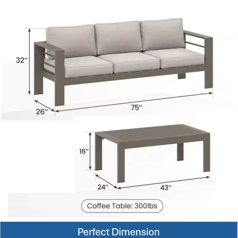 2-delige terrasmeubelset voor buiten, weerbestendige metalen loungebank van 75 inch voor 3 personen met dikke kussens en salontafel van 43 inch