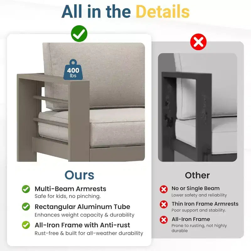 2-delige terrasmeubelset voor buiten, weerbestendige metalen loungebank van 75 inch voor 3 personen met dikke kussens en salontafel van 43 inch