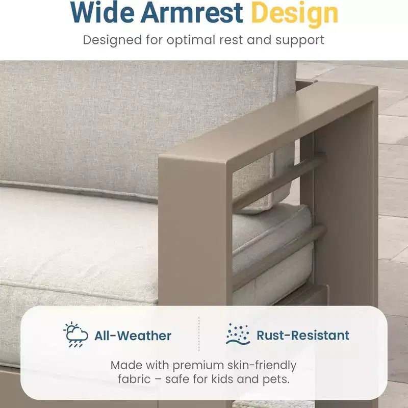 2-delige terrasmeubelset voor buiten, weerbestendige metalen loungebank van 75 inch voor 3 personen met dikke kussens en salontafel van 43 inch