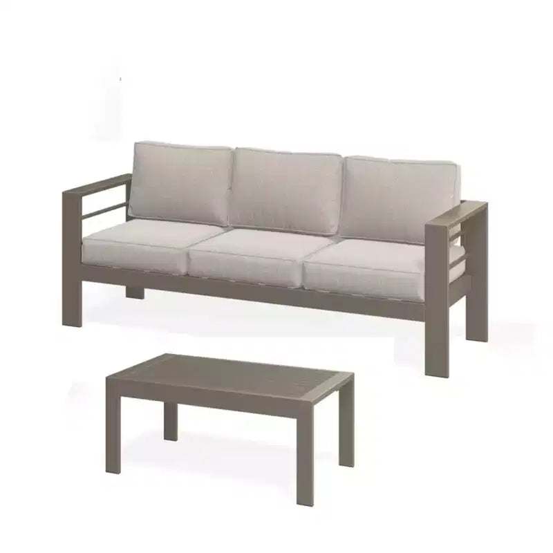 2-delige terrasmeubelset voor buiten, weerbestendige metalen loungebank van 75 inch voor 3 personen met dikke kussens en salontafel van 43 inch