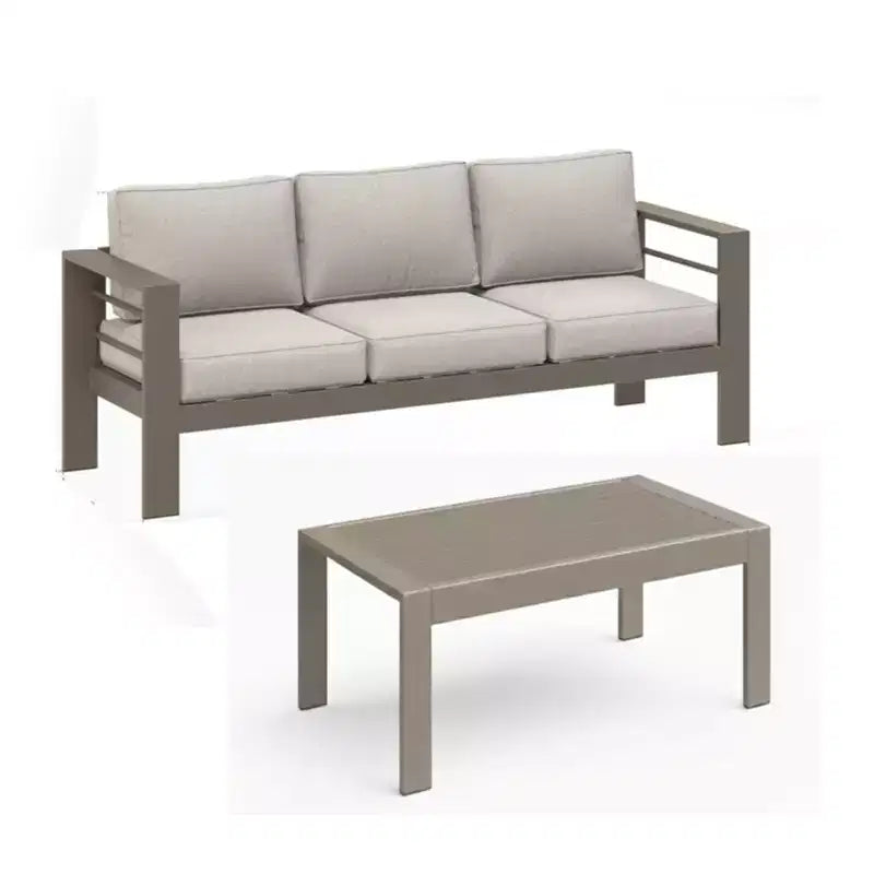 2-delige terrasmeubelset voor buiten, weerbestendige metalen loungebank van 75 inch voor 3 personen met dikke kussens en salontafel van 43 inch
