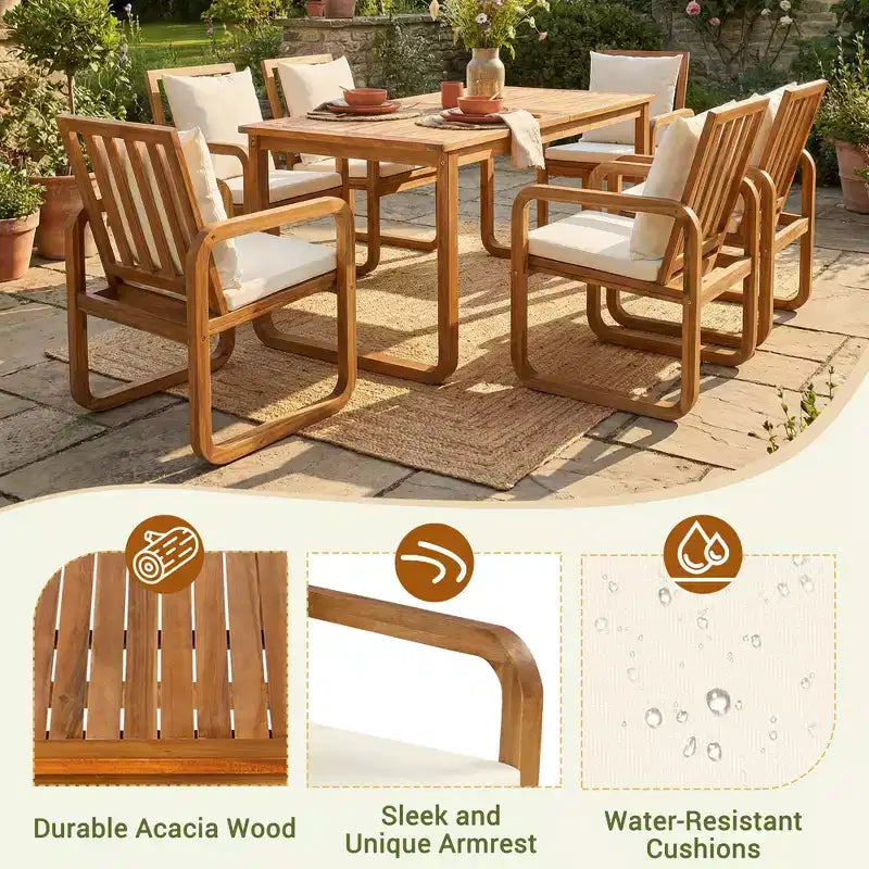Polibi 7-teiliges Esszimmerset aus Akazienholz für die Terrasse mit formschönen Armlehnenstühlen mit Schlaufen