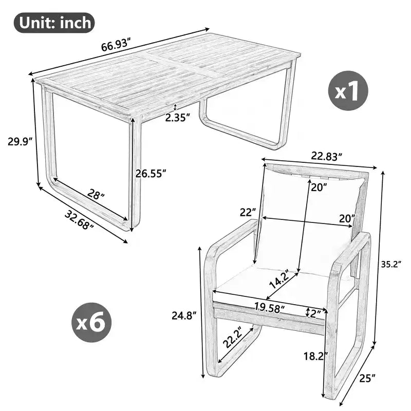 Polibi 7-teiliges Esszimmerset aus Akazienholz für die Terrasse mit formschönen Armlehnenstühlen mit Schlaufen