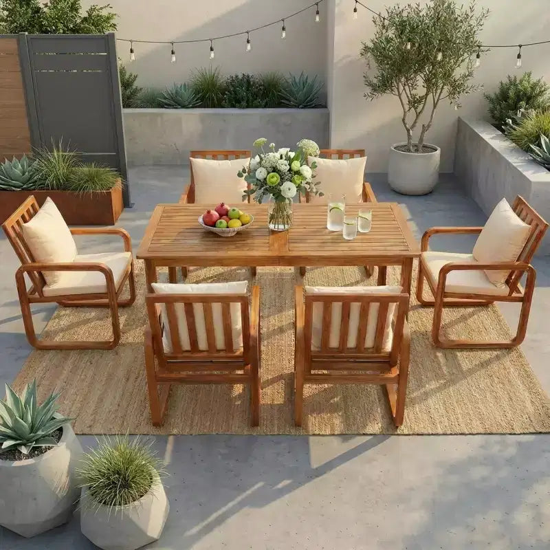 Polibi 7-teiliges Esszimmerset aus Akazienholz für die Terrasse mit formschönen Armlehnenstühlen mit Schlaufen