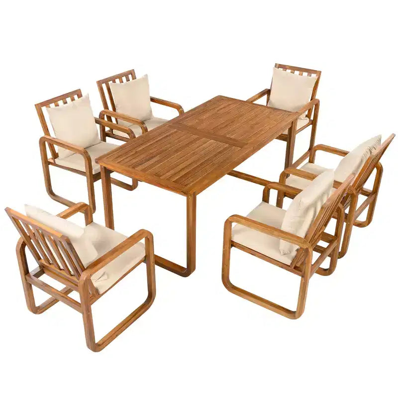 Polibi 7-teiliges Esszimmerset aus Akazienholz für die Terrasse mit formschönen Armlehnenstühlen mit Schlaufen
