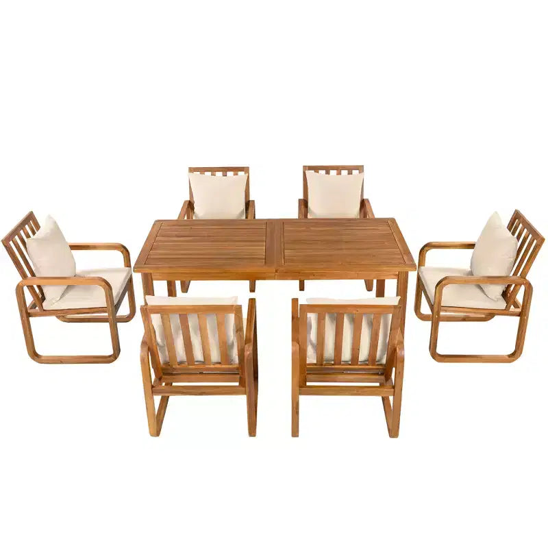 Polibi 7-teiliges Esszimmerset aus Akazienholz für die Terrasse mit formschönen Armlehnenstühlen mit Schlaufen