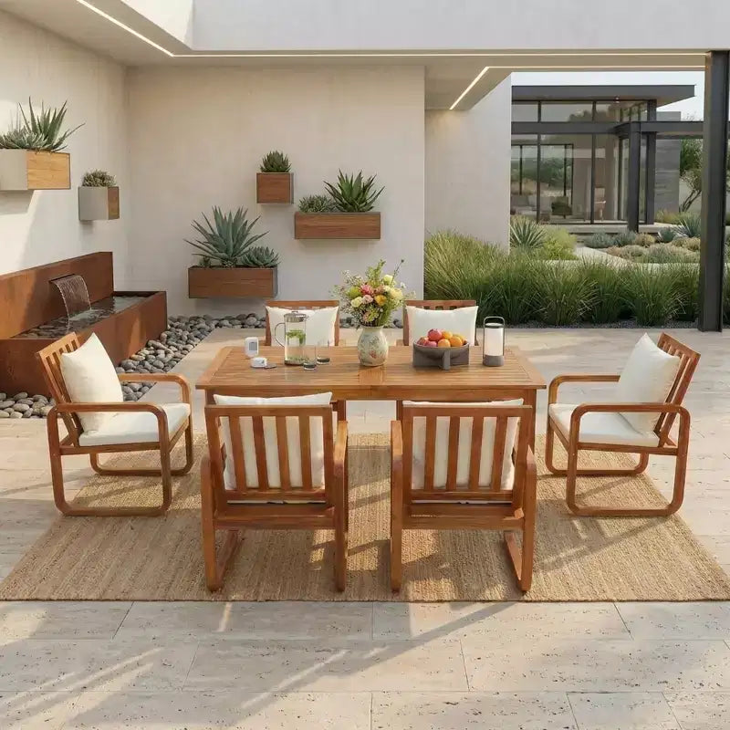 Polibi 7-teiliges Esszimmerset aus Akazienholz für die Terrasse mit formschönen Armlehnenstühlen mit Schlaufen
