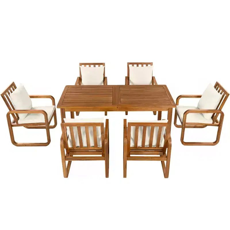 Polibi 7-teiliges Esszimmerset aus Akazienholz für die Terrasse mit formschönen Armlehnenstühlen mit Schlaufen