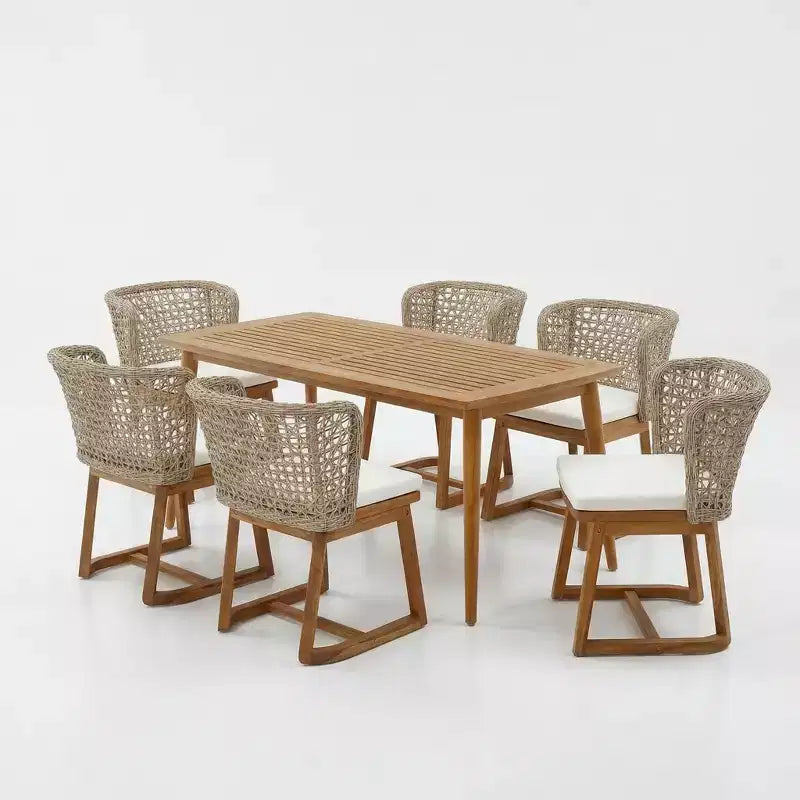 Christopher Knight Home Hruni modern, 7 részes akácfa terasz-étkezőgarnitúra lécezett asztallal és fonott háttámlával