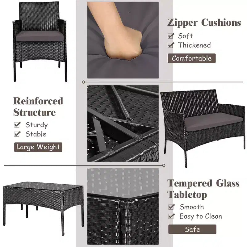 Costway 4PCS Outdoor Furniture Set Patio Rattan Conversation Set w/ Gray & Off White Cushion